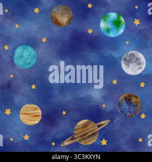Cadre carré avec planètes système solaire Mercure, Terre, Lune, Jupiter, Saturne, Uranus, Neptune, Pluton, étoiles, nuages. Aquarelle Banque D'Images