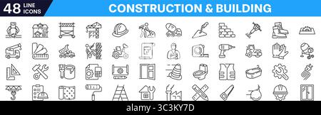 Jeu d'icônes de construction. Symbole de bâtiment. Icône linéaire. Illustration de Vecteur