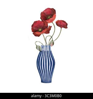 Bouquet aquarelle de fleurs de coquelicot rouge et de bourgeons sans feuilles dans un grand vase rayé bleu et blanc sur fond blanc. Audacieux et élégant, parfait Banque D'Images