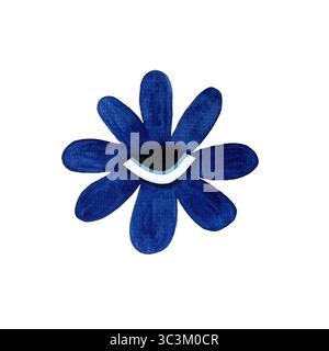 Illustration aquarelle d'une fleur stylisée avec des pétales bleu vif et un œil au centre, sur fond blanc. La conception mélange nat Banque D'Images