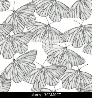 Motif aquarelle sans couture de papillons blancs en vol sur un fond blanc. Délicat et éthéré, parfait pour les conceptions de printemps, invitatio de mariage Banque D'Images
