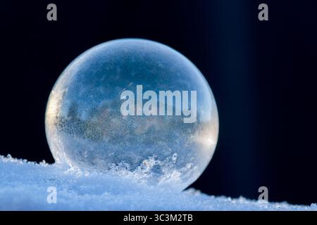 Bulle de savon gelée reposant sur la neige, motif de cristal de glace en hiver avec fond sombre pour l'espace de copie Banque D'Images