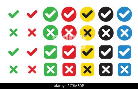 Jeu de vecteurs d'icône de coche et de croix multicolores. Coche verte, croix rouge, coche noire et croix. Icônes vectorielles. Jeu d'icônes vectorielles correct et incorrect. Illustration de Vecteur