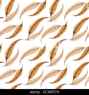 Motif sans couture d'aquarelle d'automne floral avec clipart de feuilles séchées saisonnières. Fond botanique dessiné à la main avec de longues feuilles en naturel terreux Banque D'Images