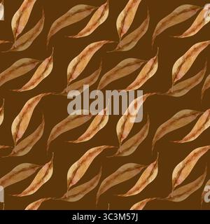 Motif sans couture d'aquarelle d'automne floral avec des feuilles séchées sur noir. Fond botanique dessiné à la main avec de longues feuilles dans des couleurs naturelles terreuses pour Banque D'Images