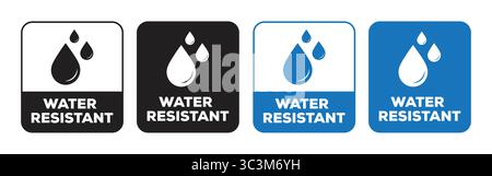 Ensemble vectoriel d'autocollant d'icône résistant à l'eau en bleu et noir pour l'emballage et les étiquettes de sécurité. Icône étanche Illustration de Vecteur