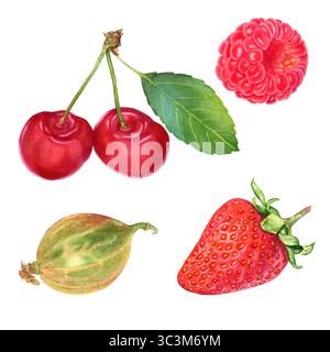 Ensemble aquarelle de baies : fraises, cerises, framboises et groseilles à maquereau. L'illustration est dessinée à la main, isolée sur fond blanc. Banque D'Images