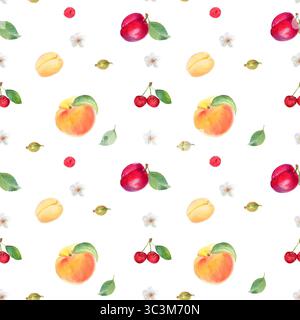 Modèle sans couture avec pêches, abricot, prune, cerise, framboise, groseille à maquereau, fleur et feuille, dessinée à la main à l'aquarelle. Banque D'Images