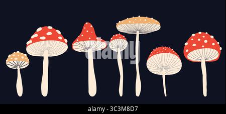 Ensemble vectoriel d'agariques de mouches stylisées sur fond sombre. Collection de champignons amanita magiques dessinés pour cartes postales, illustrations de livres, autocollants. Illustration de Vecteur