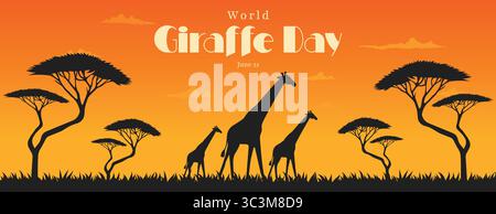 Illustration vectorielle plate pour la Journée mondiale de la girafe avec paysage africain. Illustration de Vecteur