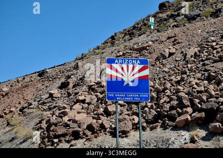 Barrage Hoover 1931-1935 / Nevada /Arizona/USA / 07 septembre 2019 /Welcom à Arizona L'état du Grand canyon vous accueille de l'état du Nevada. (Photo. Francis Dean/DeanPictures) Banque D'Images