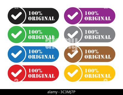 Icône d'étiquette autocollant 100% naturelle originale faite à la main. Coloré 100 pour cent original Label Button illustration vectorielle ensemble avec des coches Illustration de Vecteur