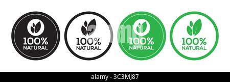 100 % badges d'emballage de produits naturels ou étiquette de timbre autocollant avec icônes de feuille pour étiquettes organiques. composition d'ingrédients 100% naturels Illustration de Vecteur