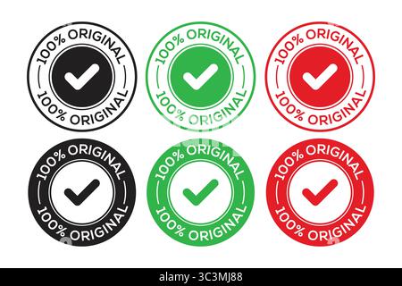 Vecteur de badge d'étiquette de timbre original fait à la main 100%. Ensemble de vecteur de timbre de badge original rond à 100 % avec icônes de coche. logo de timbre 100% original. Illustration de Vecteur