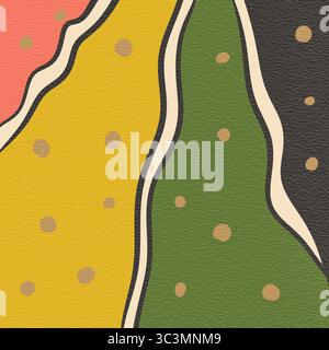 Design abstrait ludique avec des formes organiques ondulées et colorées dans des tons verts, jaunes et rouges. Les motifs en pointillés ajoutent un aspect amusant et texturé au illus Banque D'Images