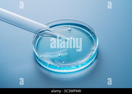 Gros plan d'une pipette cosmétique qui goutte à goutte un liquide dans une boîte de Pétri sur une surface bleue. La scène capture l'essence de la précision dans la rese cosmétique Banque D'Images