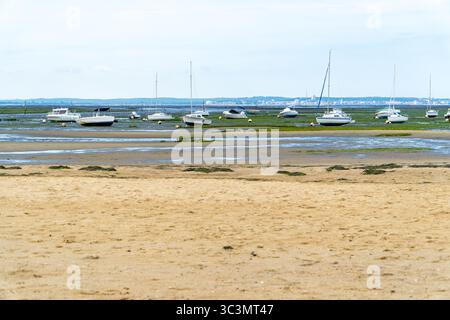 Bateaux de plaisance ancrés sur le sable à marée basse dans le bassin d'Arcachon. La scène sereine capture l'attrait paisible de la vie côtière avec des eaux calmes et Banque D'Images