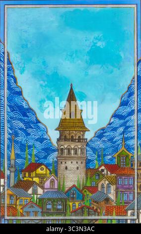 Tour de Galata dans le style traditionnel de peinture miniature turque. Banque D'Images