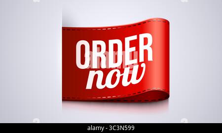 Bannière commander maintenant. Ruban rouge, étiquette et autocollant. Illustration vectorielle. Illustration de Vecteur