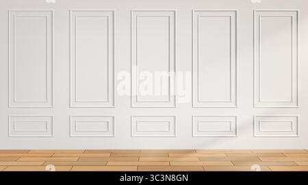 Mur de salon. Intérieur victorien de luxe avec moulures en bois. Cadre de panneau. Texture 3D élégante de sol de musée. Appartement vide. Éclairage de fenêtre. Espace d'architecture pour l'ameublement. Arrière-plan vectoriel Illustration de Vecteur