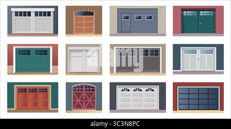 Portes de garage. Portail de maison. Atelier à domicile ou parking de bâtiment. Entrée de réparation d'entrepôt. Façade extérieure architecturale. Porte de sécurité intérieure. Obturateur automatique. Ensemble de passerelles de voiture isolées par vecteur Illustration de Vecteur
