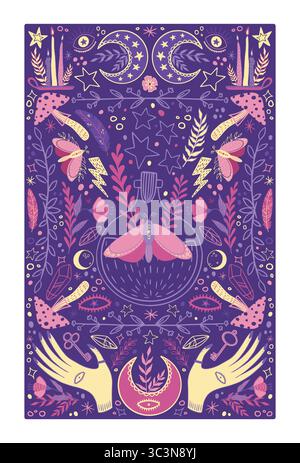 Carte Boho. Fond vertical avec symboles magiques. Cahier au motif bohème et couverture en tarot. Mains de papillon et de sorcière. Ensemble de fées botaniques. Illustration isolée de style plat dessinée à la main de dessin animé vectoriel Illustration de Vecteur
