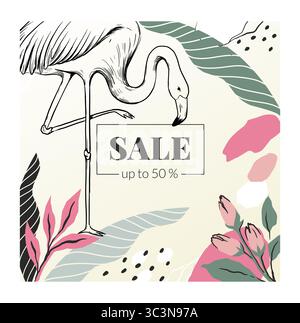 Bannière de vente. Réduction shopping. Croquis de flamant et de fleurs. Marketing en ligne. Offre spéciale magasin. Bon d'achat pour les médias sociaux. Plantes tropicales. Feuilles de palmier. Oiseau exotique. Conception de vecteur de coupon de promotion Illustration de Vecteur