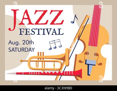 Invitation au festival de jazz. Bannière de concert musical. spectacle de divertissement avec saxophone et violon. Instruments acoustiques. Motif orchestre flyer. Illustration isolée de style plat de dessin animé vectoriel Illustration de Vecteur