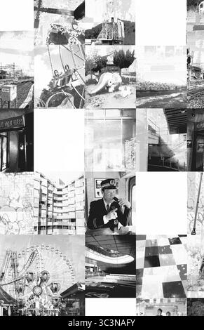 Un fond abstrait monochrome présente un collage urbain de paysages urbains et d'architecture Banque D'Images