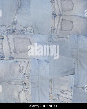Une texture denim bleu clair avec coutures et poches crée un motif de vêtement décontracté Banque D'Images