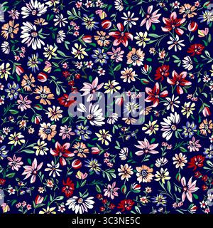 Un motif floral sans couture avec de petites fleurs sur un fond bleu marine Banque D'Images