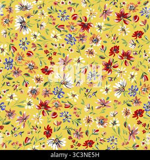 Un motif floral sans couture avec de petites fleurs sur un fond jaune Banque D'Images