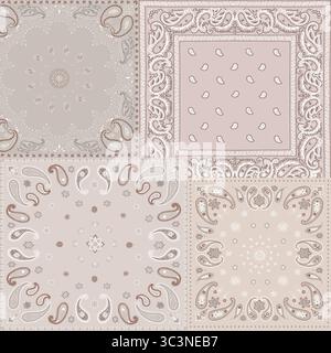 Un motif bandana beige présente un motif cachemire vintage avec des éléments floraux décoratifs Banque D'Images