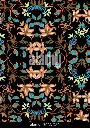 Le motif floral sans couture présente des fleurs et des feuilles vintage sur un fond noir Banque D'Images