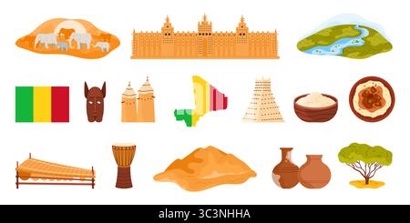 Voyagez au Mali ensemble infographique, éléments culturels, nourriture et monuments, drapeau et carte. Grande mosquée de Djenne, fleuve Niger et paysage de savane avec éléphants, cabanes en argile illustration vectorielle de dessin animé Illustration de Vecteur