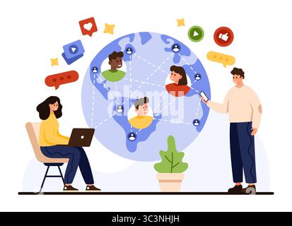 Une illustration colorée montre diverses personnes qui s'engagent dans la communication en ligne, soulignant la connectivité et l'importance de la communauté encouragée par les interactions numériques d'aujourd'hui Illustration de Vecteur