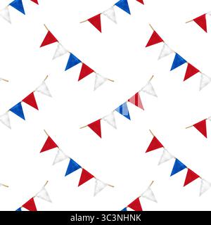 Motif sans couture festif avec guirlande de drapeaux. Illustration aquarelle dessinée à la main sur fond blanc. Convient pour la conception de cartes postales, textiles, ho Banque D'Images