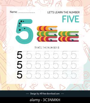 Feuille de pratique de traçage et d'écriture numéro cinq pour les enfants Apprenez à tracer écrire et reconnaître le numéro 5 avec des contours en gros gras et des points guidés Illustration de Vecteur