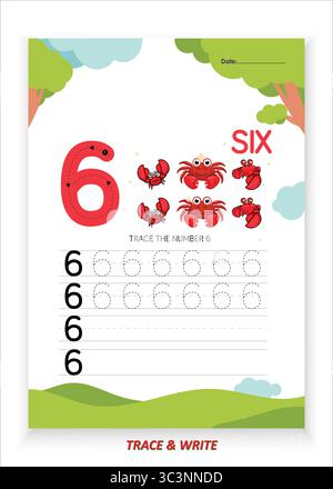 Feuille de pratique de traçage et d'écriture numéro six pour les enfants Apprenez à tracer écrire et reconnaître le numéro 6 avec des contours en gros gras et des points guidés Illustration de Vecteur