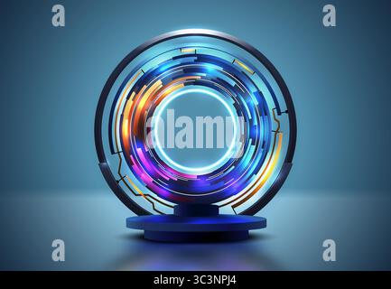 Abstrait rond 3d podium bleu avec des anneaux lumineux de cercle de technologie sur fond. Effet de lumière bleu violet. Produit de maquette de fond de mur bleu de vecteur Illustration de Vecteur
