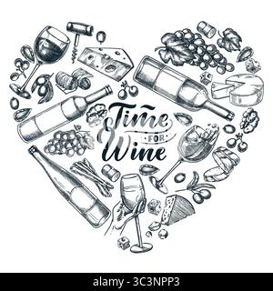 Illustration d'esquisse dessinée à la main de vecteur de bouteille de vin, verre, raisins et fromage en forme de coeur. Composition des éléments de conception pour l'emballage, invitations Illustration de Vecteur