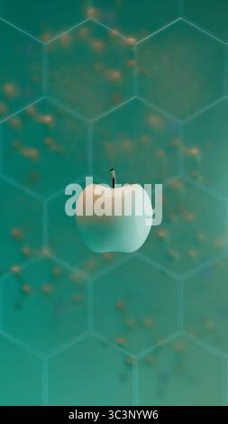 La pomme blanche est centrée devant un motif hexagonal translucide avec un fond de structure moléculaire dans un ton vert Banque D'Images