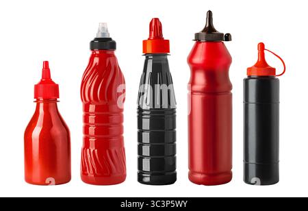 Cinq bouteilles de sauce en plastique différentes avec buses de distribution, isolées sur fond blanc, prêtes à être utilisées dans le service alimentaire ou l'emballage Banque D'Images