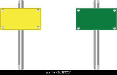 Des panneaux jaunes et verts vierges sur des poteaux prêts pour votre message ou des directions, propres et modernes Illustration de Vecteur
