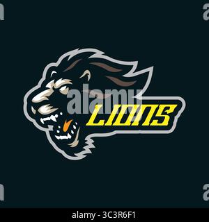 Logo de mascotte Lions avec style de concept pour l'impression de badge, d'emblème et de t-shirt. Illustration de tête de lion. Illustration de Vecteur