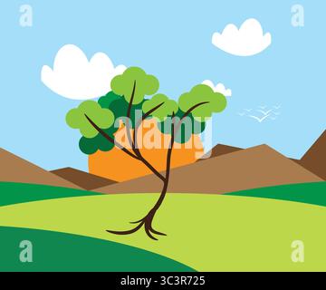 Belle illustration de fond de vecteur de paysage de nature avec arbre, terre verte, collines et ciel. Illustration de Vecteur