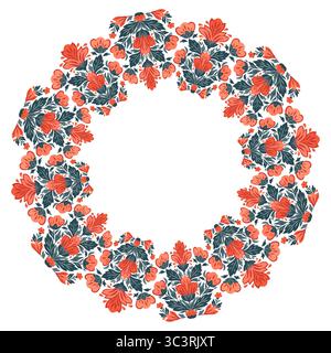 Cadre rond de vecteur avec des fleurs décoratives. Couronne folklorique avec fleurs rouges stylisées. Bordure circulaire florale pour invitation et cadre photo Illustration de Vecteur