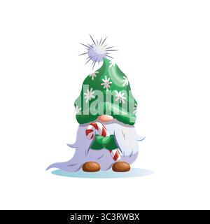 Mignon Gnome de Noël avec canne à sucre. Illustration vectorielle d'un elfe de Noël. Dessin animé Gnome de Noël avec chapeau vert. Illustration de Vecteur
