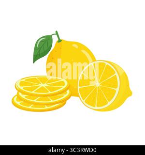 Ensemble d'agrumes citronnés jaunes avec tranches, entières et coupées, isolées sur fond blanc. Saison des bonbons aux fruits tropicaux. Vecteur réaliste Illustration de Vecteur