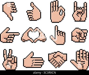 Jeu d'icônes Retro Pixel Art mains Illustration de Vecteur